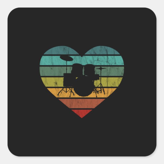 Sticker Carré I Love Drums Retro Heart (Devant)