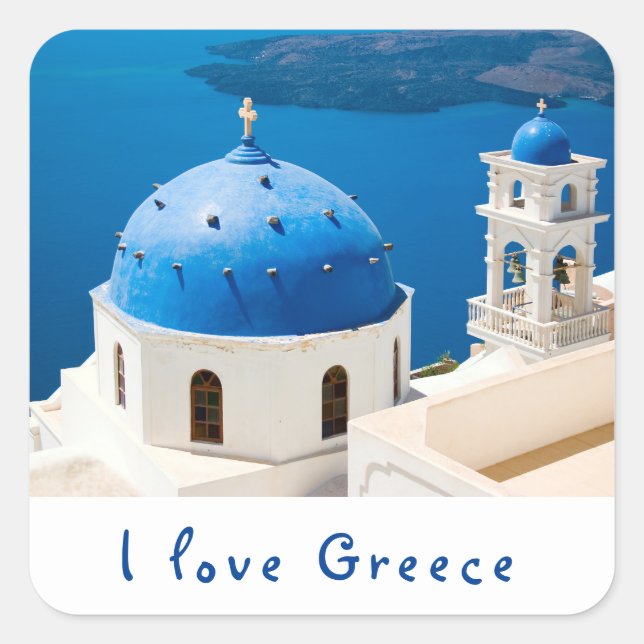 Sticker Carré I love Greece Church Santorini bleu photo et texte (Devant)