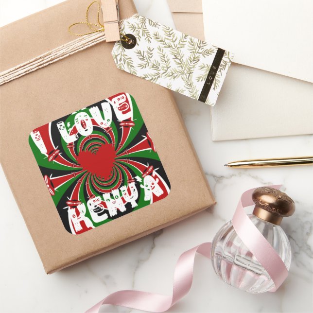 Sticker Carré I Love Heart Kenya : Dynamic Flag Art (Cadeaux)