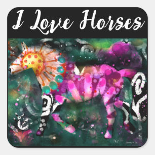 Sticker Carré I Love Horses Abstrait Whimsical Cheval Peinture