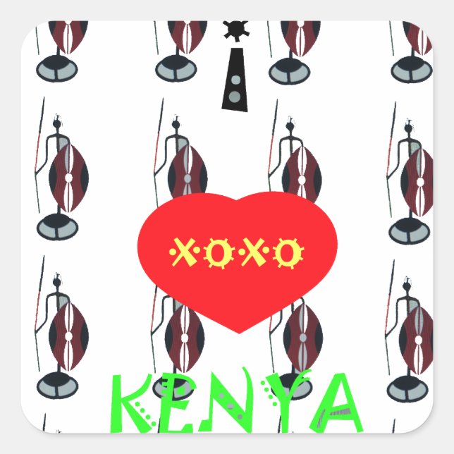 Sticker Carré I Love Kenya XOXO Massai avec bouclier et lance (Devant)