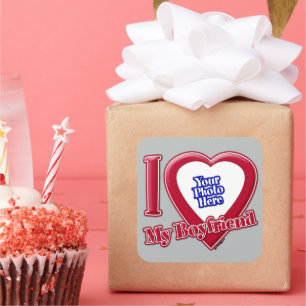 Sticker Carré I Love My Boyfriend Photo Red Heart Grey