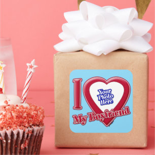 Sticker Carré I Love My Boyfriend Photo Red Heart Turquoise