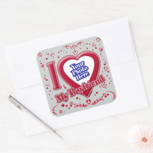 Sticker Carré I Love My Boyfriend Photo Red Hearts Grey