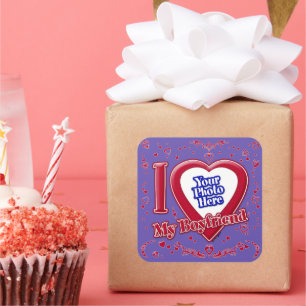 Sticker Carré I Love My Boyfriend Photo Red Hearts Purple