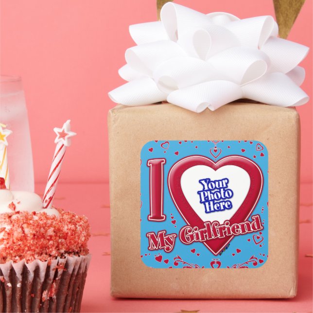 Sticker Carré I Love My Girlfriend Photo Red Hearts Turquoise (Fête)
