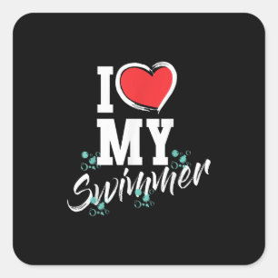 Sticker Carré I Love My Swimmer Swim Team Mor Mama Cadeau