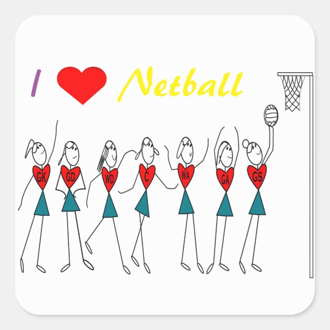 Sticker Carré I Love Netball Positions Stick Figures (Devant)