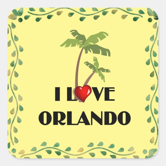 Sticker Carré I Love Orlando, design tropical (Devant)