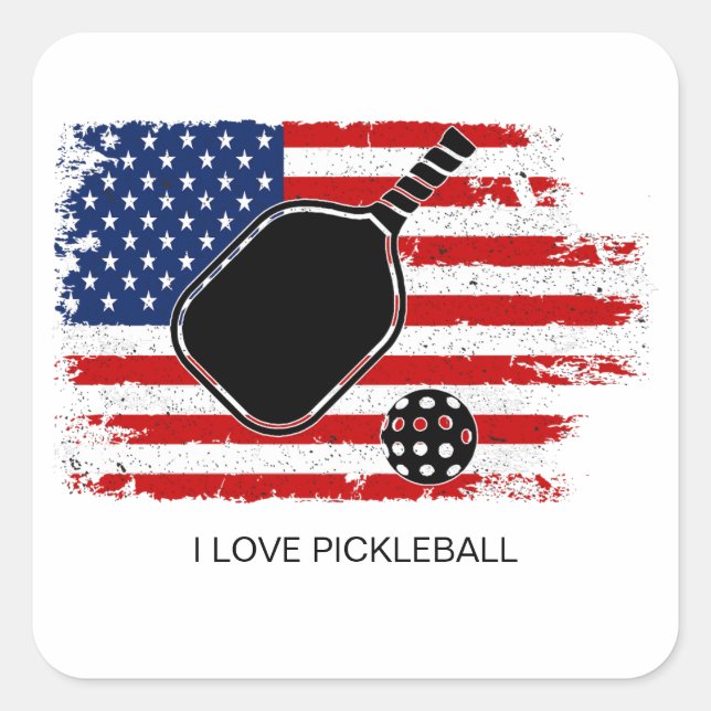 Sticker Carré I Love Pickleball American Flag Personnalisé (Devant)