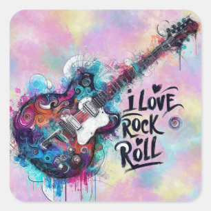 Sticker Carré I Love Rock N Roll Electric Guitare Musique Art Bl