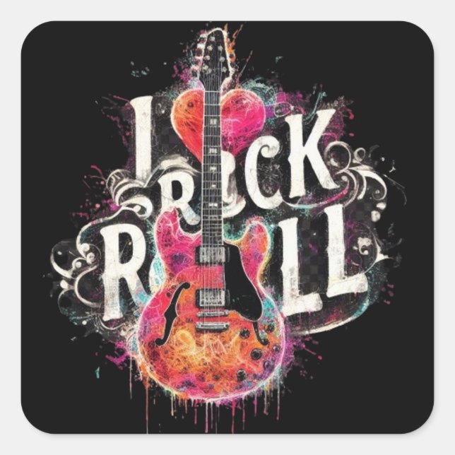 Sticker Carré I Love Rock N Roll Guitare Électrique Peinture (Devant)