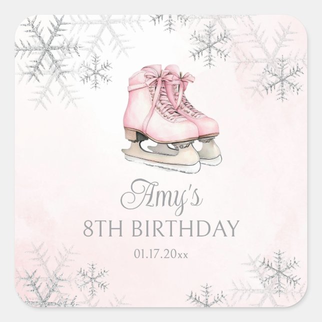 Sticker Carré Ice Skating Pink Silver Glitter Snowflake Birthday (Devant)
