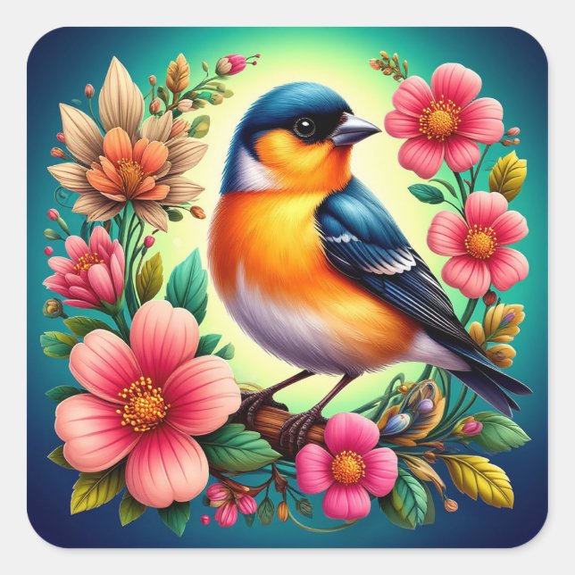 Sticker Carré Idée cadeau joli oiseau et fleurs (Devant)