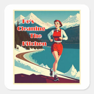 Sticker Carré Il nettoie la cuisine Sassy Runner