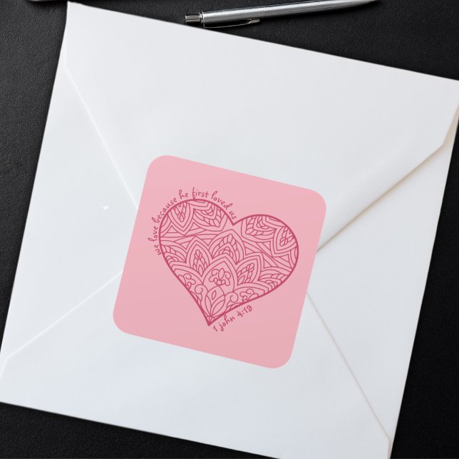 Sticker Carré Il Nous Aimait D'Abord 1 Jean 4:19 Coeur Rouge Chr (Créateur téléchargé)