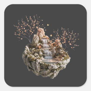 Sticker Carré Île Flottante Cascade Fantaisie Nature Carré
