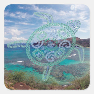 Sticker Carré Îles d'Hawaï et tortue d'Oahu