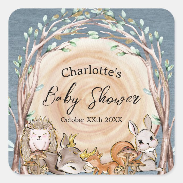 Sticker Carré Illustration Baby shower des animaux forestiers (Devant)
