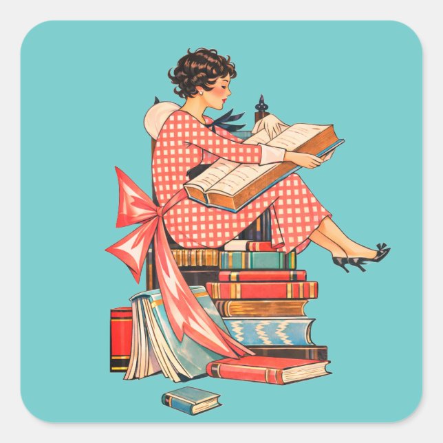Sticker Carré Illustration d'amateur de livres anciens lisant (Devant)
