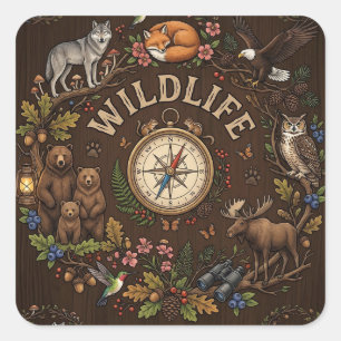Sticker Carré "Illustration d'aventure forestière faunique"