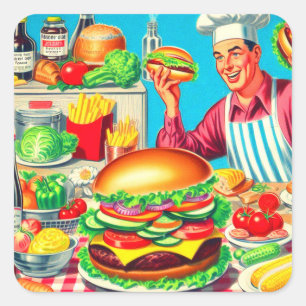 Sticker Carré Illustration de bande dessinée Retro Hamburger