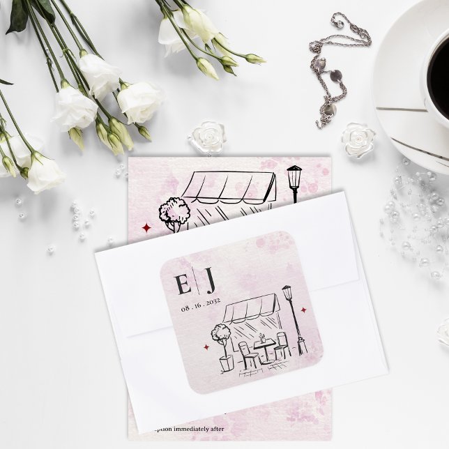 Sticker Carré Illustration de café romantique Monogramme de mari (Romantic Café Illustration Wedding Monogram Square Sticker)