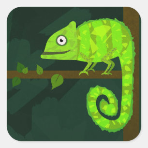 Sticker Carré Illustration de caméléon vert mignon Reptile tropi