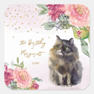 Sticker Carré Illustration de chat persan Joyeuse fête de fille 