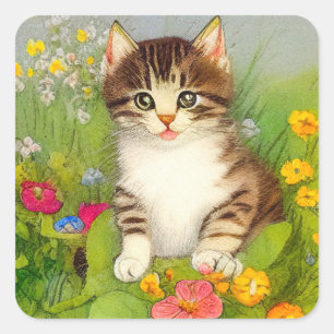 Sticker Carré Illustration de chat souriant vintage