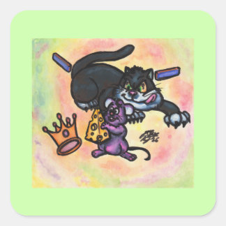 Sticker Carré Illustration de dessin animé chat souris fromage c