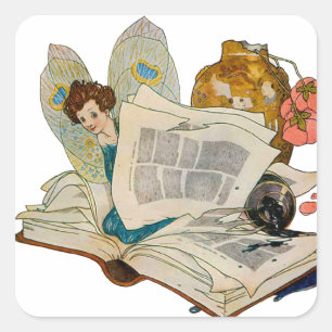 Sticker Carré Illustration de fée amoureuse de livres anciens