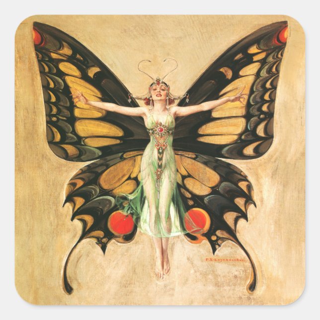 Sticker Carré Illustration de femme de Leyendecker papillon Flap (Devant)