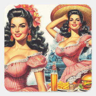 Sticker Carré Illustration de femme hispanique vintage