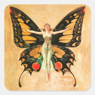Sticker Carré Illustration de femme volant papillon Flapper