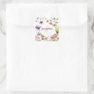 Sticker Carré Illustration de fleur sauvage colorée avec monogra