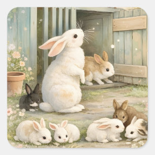 Sticker Carré Illustration de jardin vintage aux lapins   Cottag