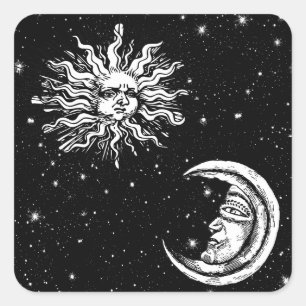 Sticker Carré Illustration de la lune et du soleil Vintage
