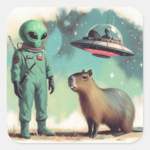 Sticker Carré Illustration de l'Alien spatial et de Capybara Ret