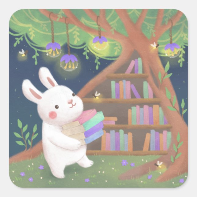 Sticker Carré Illustration de lapin bibliophile mignon (Devant)