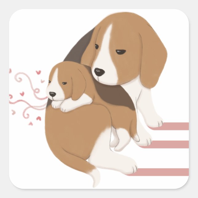 Sticker Carré Illustration de maman et bébé Beagle mignonne (Devant)