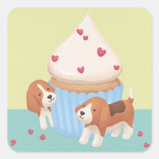 Sticker Carré Illustration de mignons Beagle et cupcake (Devant)