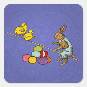 Sticker Carré Illustration de Pâques : lapin qui couve des œufs
