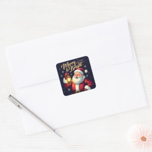 Sticker Carré Illustration de Père Noël joyeux tenant une lanter