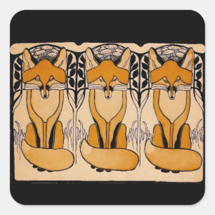 Sticker Carré Illustration de renards Art Nouveau Faune forest