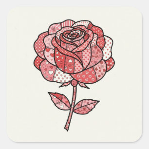 Sticker Carré Illustration de rose patchwork rouge et rose roman