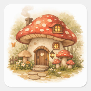 Sticker Carré Illustration d'esthétique de champignon de cottage
