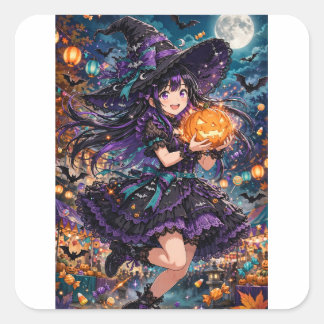 Sticker Carré Illustration d'Halloween de fille sorcière anime