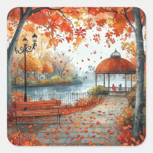 Sticker Carré Illustration du parc Gazebo Orange d'automne