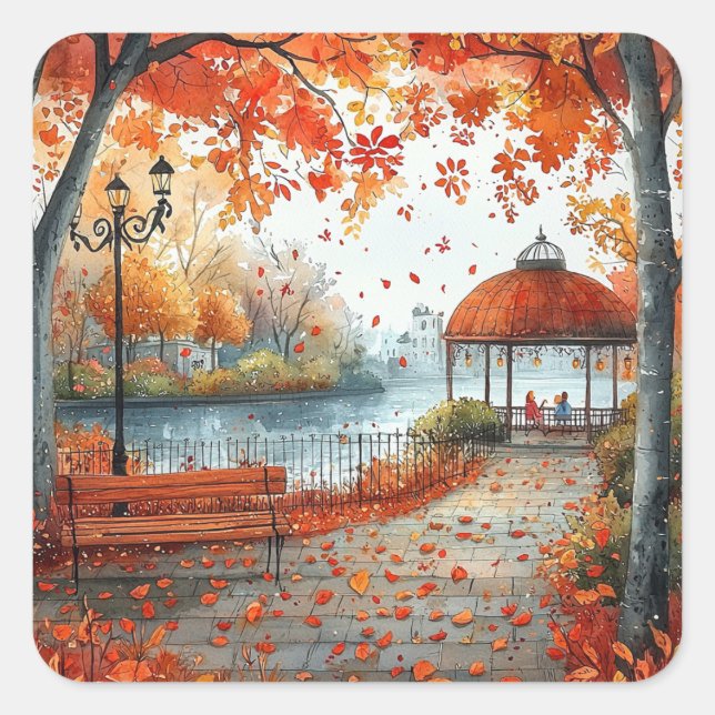 Sticker Carré Illustration du parc Gazebo Orange d'automne (Devant)
